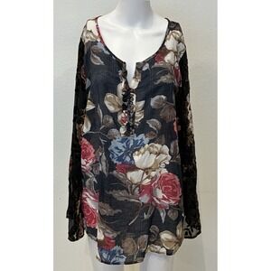 Aratta Silent Journey Floral Boho Velvet Burnout Sheer Top Size L Bell Sleeves